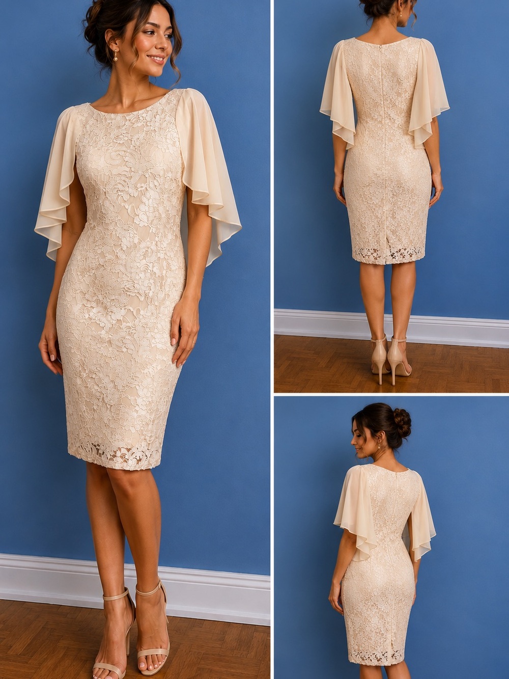Elegant Lace Sheath Dress with Flutter Sleeves - Cream
